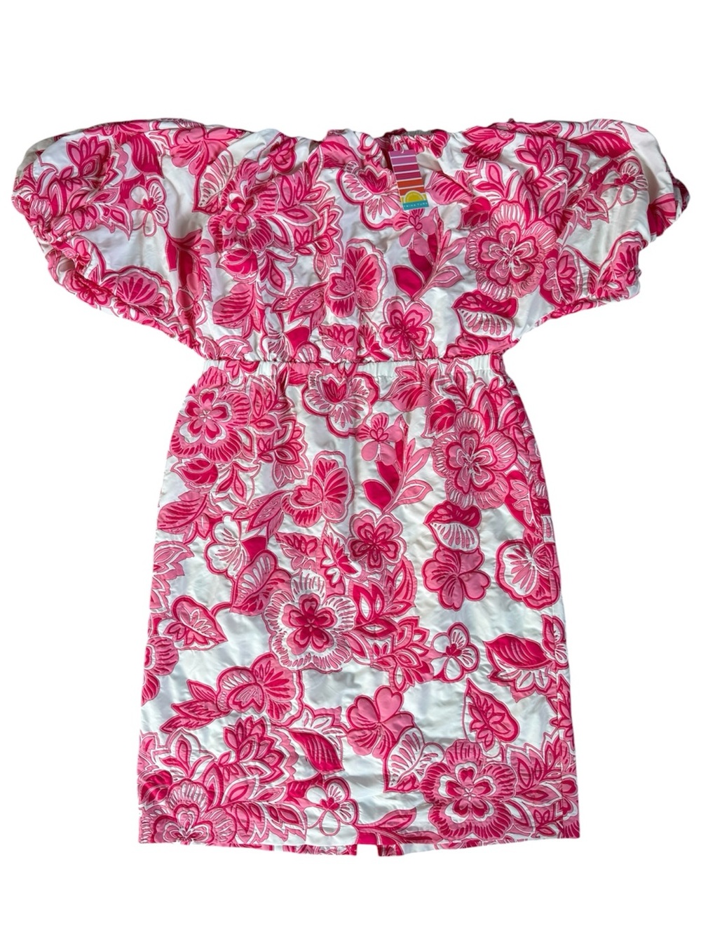 Trina Turk Tatiana Pink White Floral Puff Sleeve Off Shoulder Mini Dress Size XL
